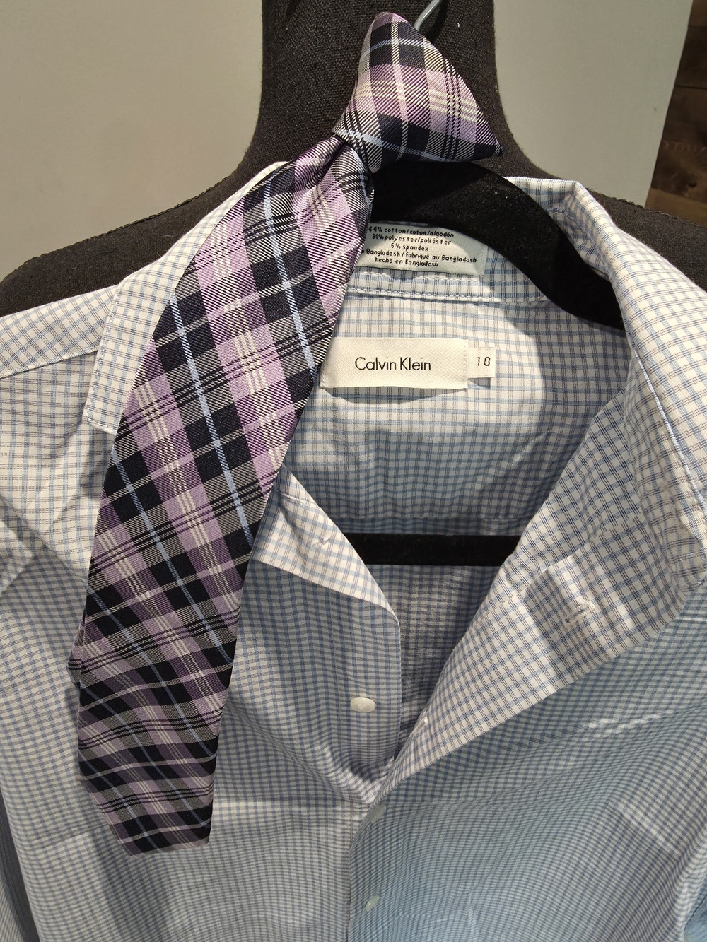 Calvin Klein Boys Blue Check Dress Shirt and Clip Tie